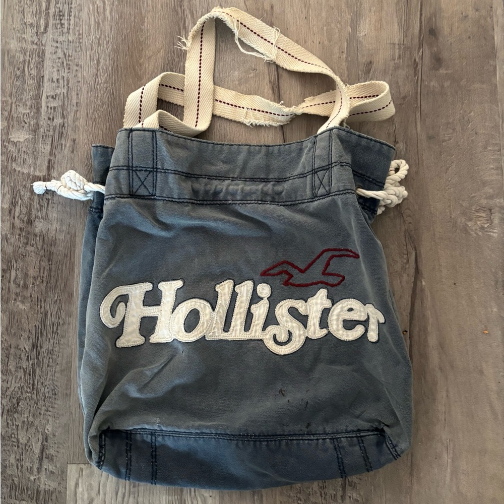 Hollister Blue Canvas Tote with White Logo and Cream Straps